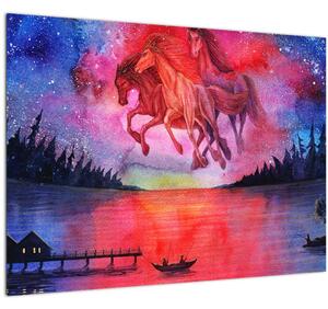 Slika - Prikaz vesoljskih konjev nad jezerom, akvarel (70x50 cm)