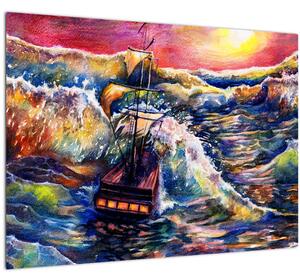 Slika - Ladja na oceanskih valovih, akvarel (70x50 cm)