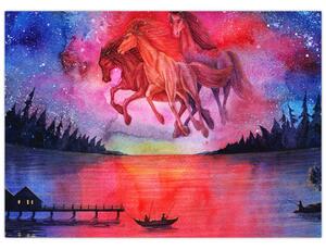 Slika - Prikaz vesoljskih konjev nad jezerom, akvarel (70x50 cm)