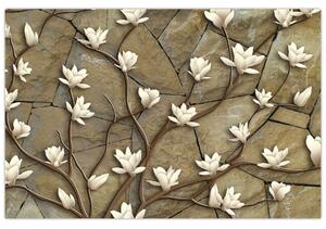 Slika - Bele magnolije na kamnitem zidu (90x60 cm)
