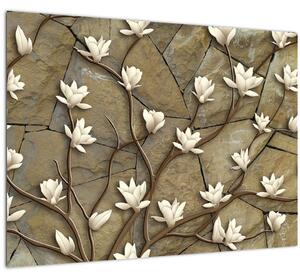 Staklena slika - Bele magnolije na kamnitem zidu (70x50 cm)