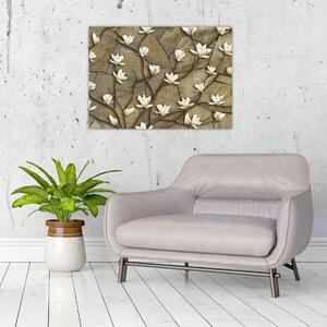 Slika - Bele magnolije na kamnitem zidu (70x50 cm)