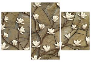 Slika - Bele magnolije na kamnitem zidu (90x60 cm)