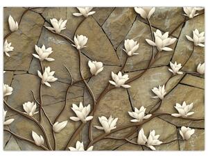 Slika - Bele magnolije na kamnitem zidu (70x50 cm)