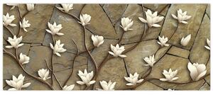 Slika - Bele magnolije na kamnitem zidu (120x50 cm)