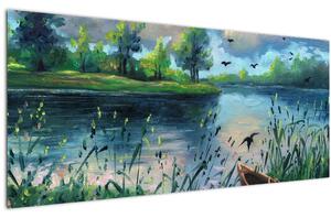 Slika - Oljna slika, Zgodnji poletni večer ob jezeru (120x50 cm)
