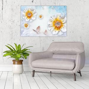 Slika - Kompozicija z rožami in metulji (90x60 cm)