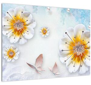 Slika - Kompozicija z rožami in metulji (70x50 cm)