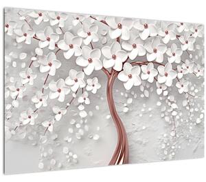 Slika belega drevesa s cvetovi, rožnato zlato (90x60 cm)