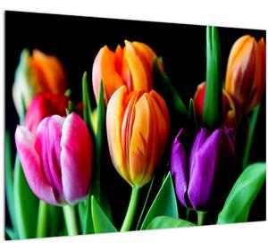 Staklena slika tulipana na crnoj pozadini (70x50 cm)
