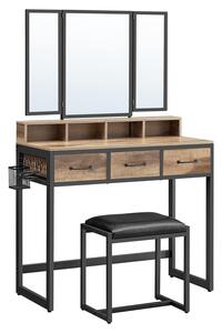 Toaletni stolić s podstavljenom stolicom, ogledalom, 3 ladice, smeđe-crna boja | VASAGLE