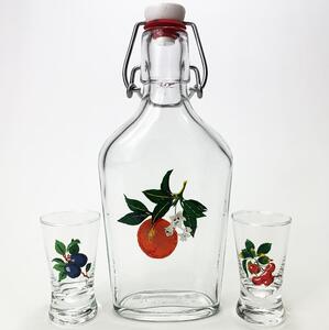 Set vector - 1x velika boca + 2x čaša za žestice prozirna s motivom voća