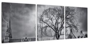 Slika crno-bijelog sela (sa satom) (90x30 cm)