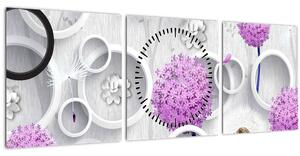 3D slika apstrakcije s krugovima i cvijećem (sa satom) (90x30 cm)