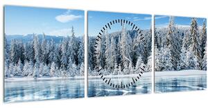 Slika zaleđenog jezera i sniježnih stabala (sa satom) (90x30 cm)