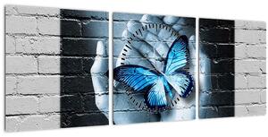 Slika plavog leptira na zidu (sa satom) (90x30 cm)