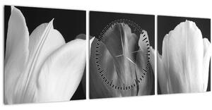 Slika - Crno-bijeli cvjetovi tulipana (sa satom) (90x30 cm)