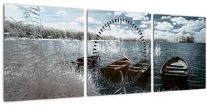 Slika - Drveni čamci na jezeru (sa satom) (90x30 cm)