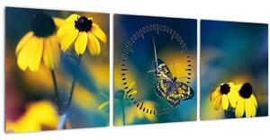 Slika - Žuti leptir s cvijećem (sa satom) (90x30 cm)