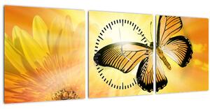 Slika - Žuti leptir s cvijetom (sa satom) (90x30 cm)