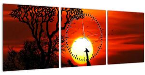 Slika - Siluete životinja pri zalasku sunca (sa satom) (90x30 cm)