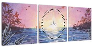 Slika - Sončni zahod nad vodo, akvarel (sa satom) (90x30 cm)