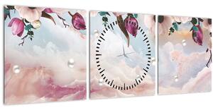 Slika rožnatih cvetov z rožnatim marmorjem (sa satom) (90x30 cm)