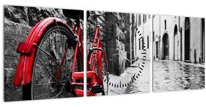 Slika rdečega kolesa na tlakovani ulici (sa satom) (90x30 cm)