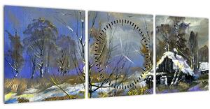 Slika koče v zimski pokrajini, oljna slika (sa satom) (90x30 cm)