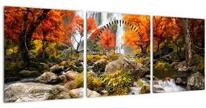 Slika - Slapovi v oranžnem gozdu (sa satom) (90x30 cm)