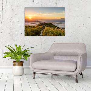 Staklena slika planine pri zalasku sunca (70x50 cm)