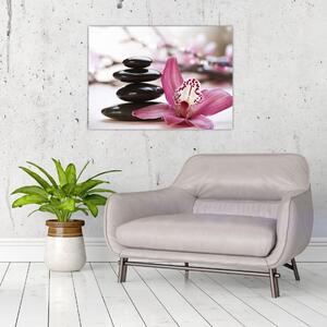 Staklena slika kamenja za masažu i orhideje (70x50 cm)
