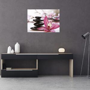 Staklena slika kamenja za masažu i orhideje (70x50 cm)