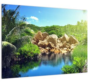 Staklena slika jezera u džungli Sejšela (70x50 cm)