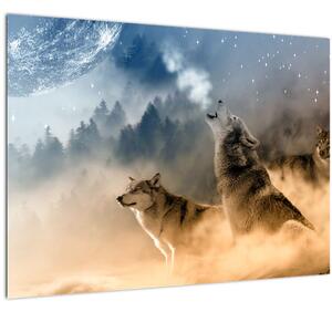 Staklena slika - vukovi zavijaju na mjesec (70x50 cm)