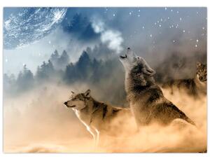 Staklena slika - vukovi zavijaju na mjesec (70x50 cm)