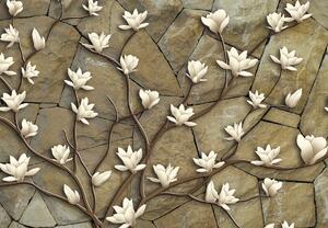 Foto tapeta - Bijele magnolije na kamenom zidu (147x102 cm)
