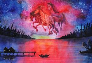 Foto tapeta - Ukazanje svemirskih konja nad jezerom, akvarel (147x102 cm)