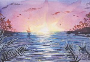 Foto tapeta - Zalazak sunca nad vodom, akvarel (147x102 cm)
