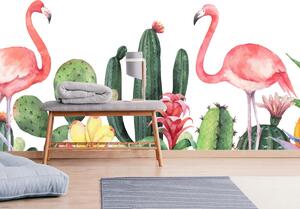 Foto tapeta - Flamingosi u kaktusima, akvarel (147x102 cm)