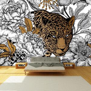 Foto tapeta - Leopard u božurima (147x102 cm)
