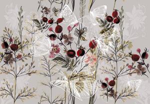 Foto tapeta - Vintage leptiri s cvijećem, bež (147x102 cm)