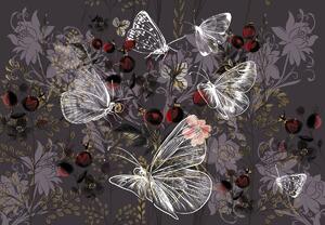 Foto tapeta - Vintage leptiri s cvjetovima, ljubičasti (147x102 cm)