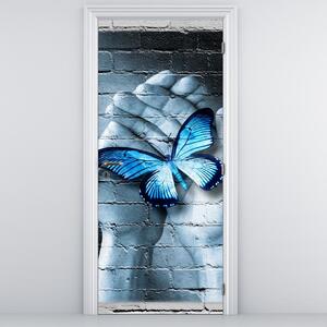 Foto tapeta za vrata - Plavi leptir na zidu (95x205cm)