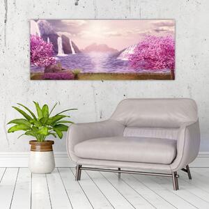 Slika ružičastih stabala s jezerom (120x50 cm)