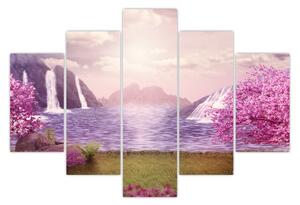 Slika ružičastih stabala s jezerom (150x105 cm)