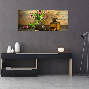 Slika - tulipani, mlinac i kava (120x50 cm)