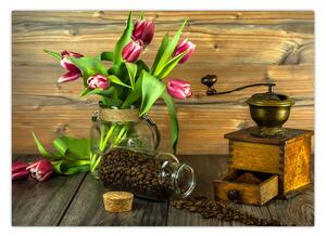 Slika - tulipani, mlinac i kava (70x50 cm)