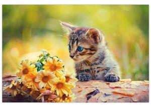Slika mačića koji gleda cvijet (90x60 cm)