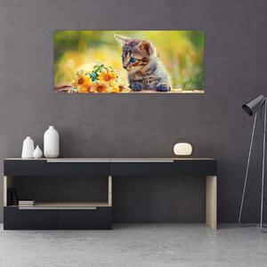Slika mačića koji gleda cvijet (120x50 cm)